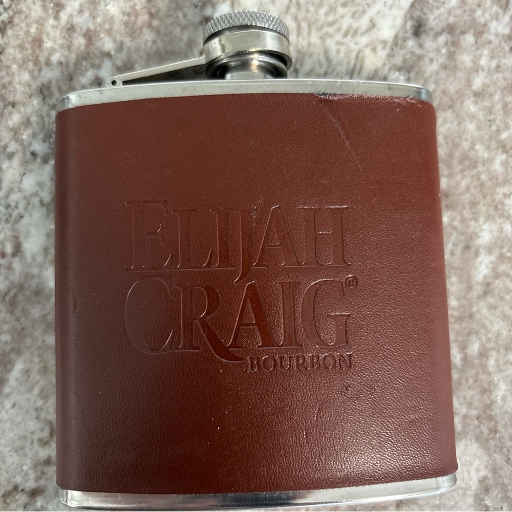 Elijah Craig Bourbon Whiskey Leather Wrapped Flask 6 Oz Stainless, Attached Lid